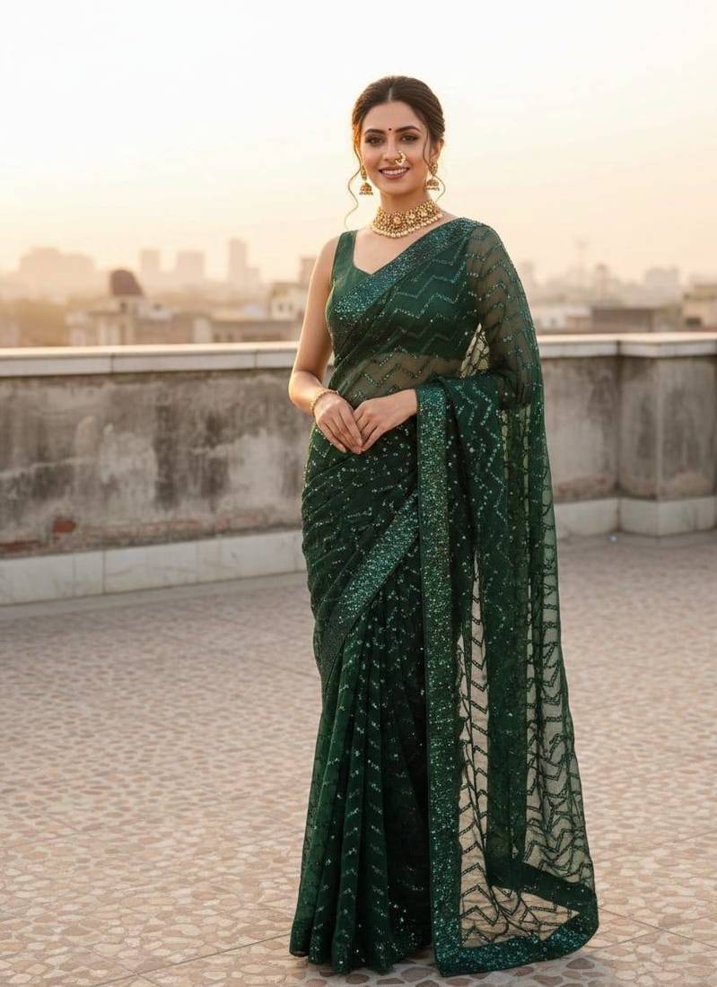 Green color sequence zig zag pattern all over work Georgette silk saree 