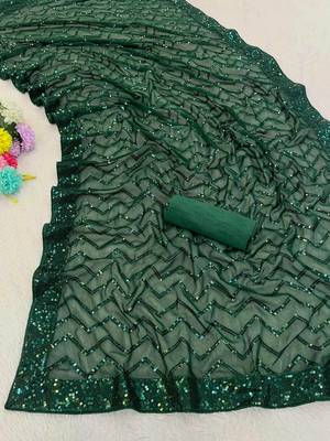 Green color sequence zig zag pattern all over work Georgette art silk saree  2