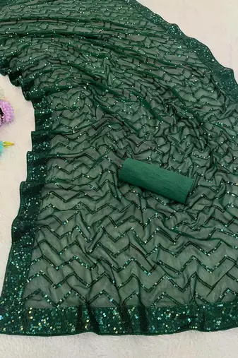 Green color sequence zig zag pattern all over work Georgette art silk saree 