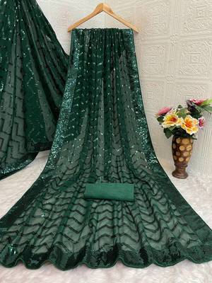 Green color sequence zig zag pattern all over work Georgette art silk saree  3