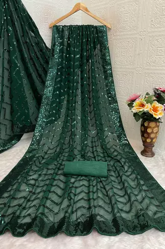 Green color sequence zig zag pattern all over work Georgette art silk saree 
