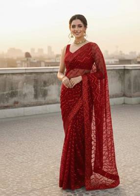 Red color sequence zig zag pattern all over work Georgette art silk saree  1
