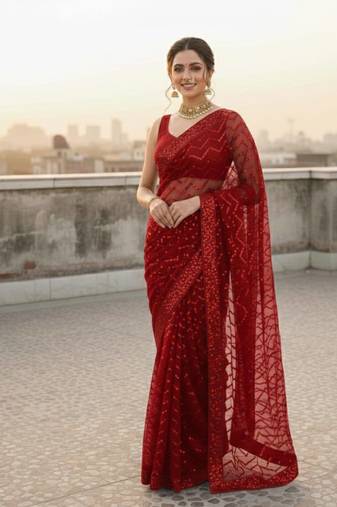 Red color sequence zig zag pattern all over work Georgette silk saree 