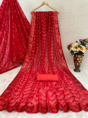 Red color sequence zig zag pattern all over work Georgette art silk saree  2