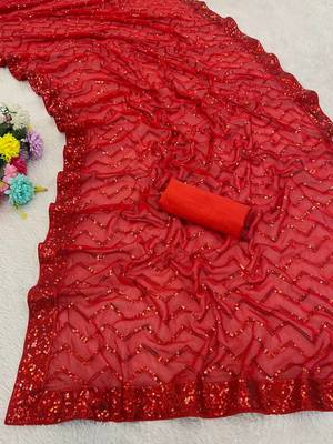 Red color sequence zig zag pattern all over work Georgette art silk saree  3