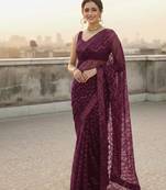 Wine  color sequence zig zag pattern all over work Georgette silk saree 