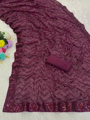 Wine  color sequence zig zag pattern all over work Georgette art silk saree  2
