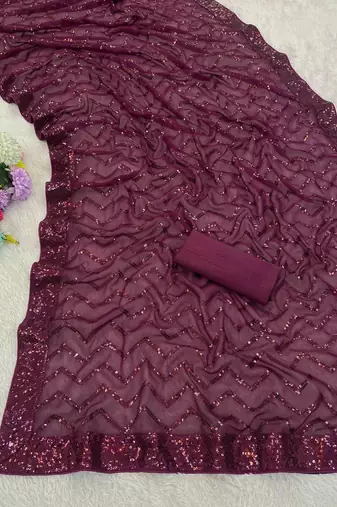 Wine  color sequence zig zag pattern all over work Georgette art silk saree 