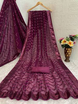 Wine  color sequence zig zag pattern all over work Georgette art silk saree  3