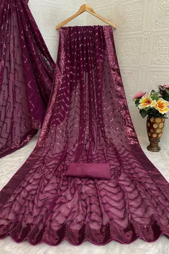 Wine  color sequence zig zag pattern all over work Georgette art silk saree 