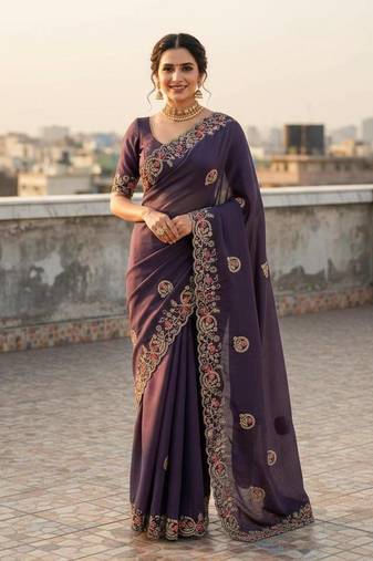 Lavender color Sequences thread coding embroiedry work Georgette Silk Saree