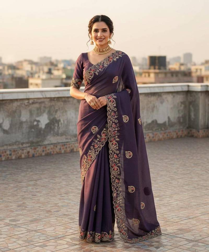Lavender color Sequences thread coding embroiedry work Georgette Silk Saree