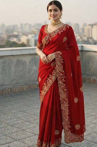 Red color Sequences thread coding embroiedry work Georgette Silk Saree