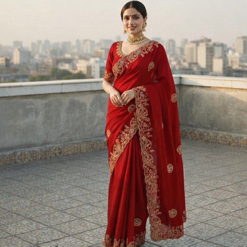 Red color Sequences thread coding embroiedry work Georgette Silk Saree