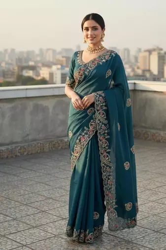Teal color Sequences thread coding embroiedry work Georgette Silk Saree