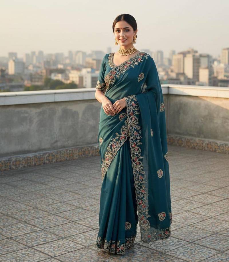 Teal color Sequences thread coding embroiedry work Georgette Silk Saree