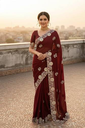 Maroon color embroidery work and multi Thread work with arco cut work vichitra Saree