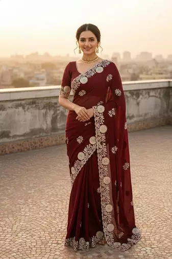 Maroon color embroidery work and multi Thread work with arco cut work vichitra Saree