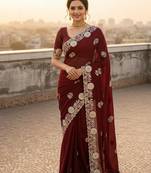 Maroon color embroidery work and multi Thread work with arco cut work vichitra Saree
