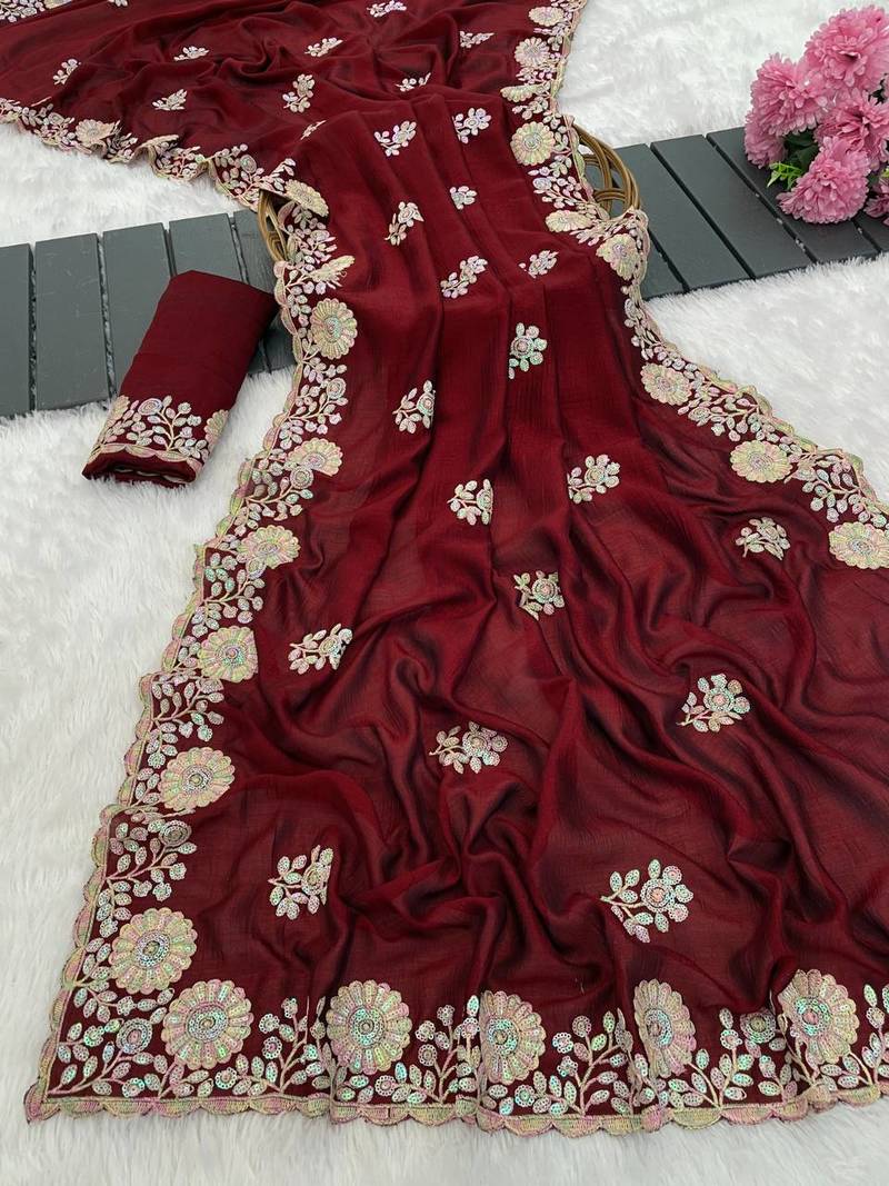 Maroon color embroidery work and multi Thread work with arco cut work vichitra Saree