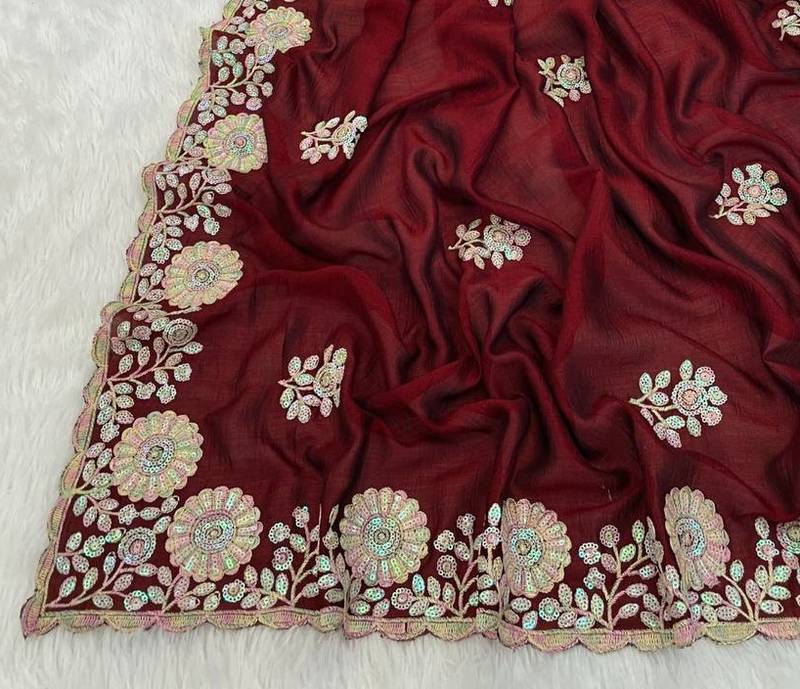Maroon color embroidery work and multi Thread work with arco cut work vichitra Saree