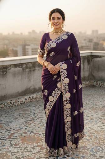 Purple color embroidery work and multi Thread work with arco cut work vichitra Saree