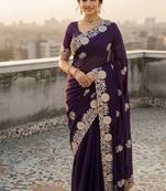 Purple color embroidery work and multi Thread work with arco cut work vichitra Saree