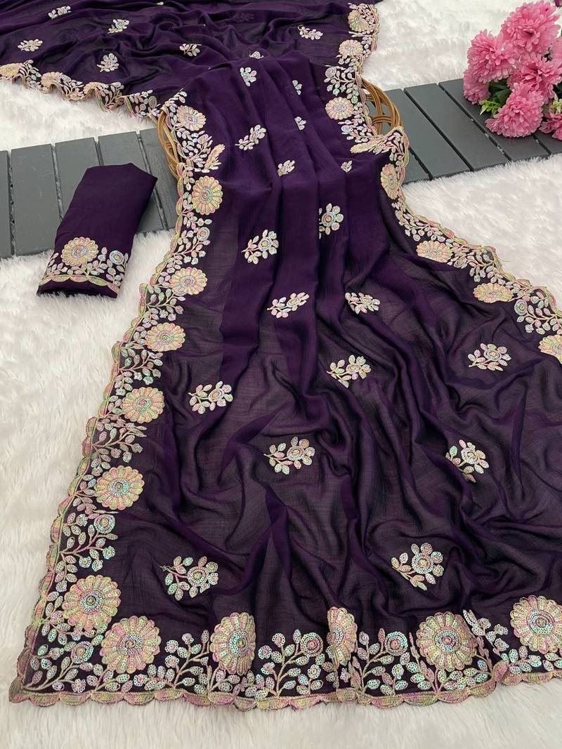 Purple color embroidery work and multi Thread work with arco cut work vichitra Saree