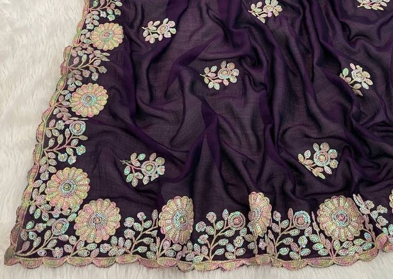 Purple color embroidery work and multi Thread work with arco cut work vichitra Saree