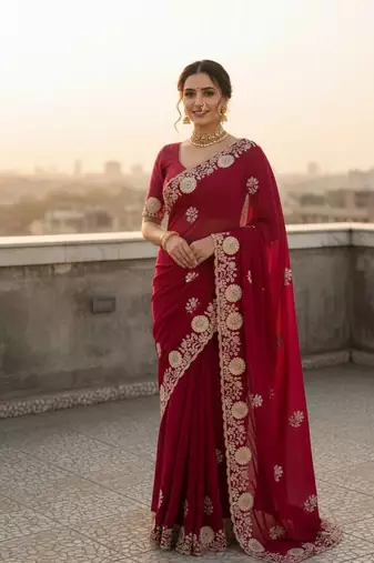 Rani Pink color embroidery work and multi Thread work with arco cut work vichitra Saree