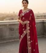 Rani Pink color embroidery work and multi Thread work with arco cut work vichitra Saree