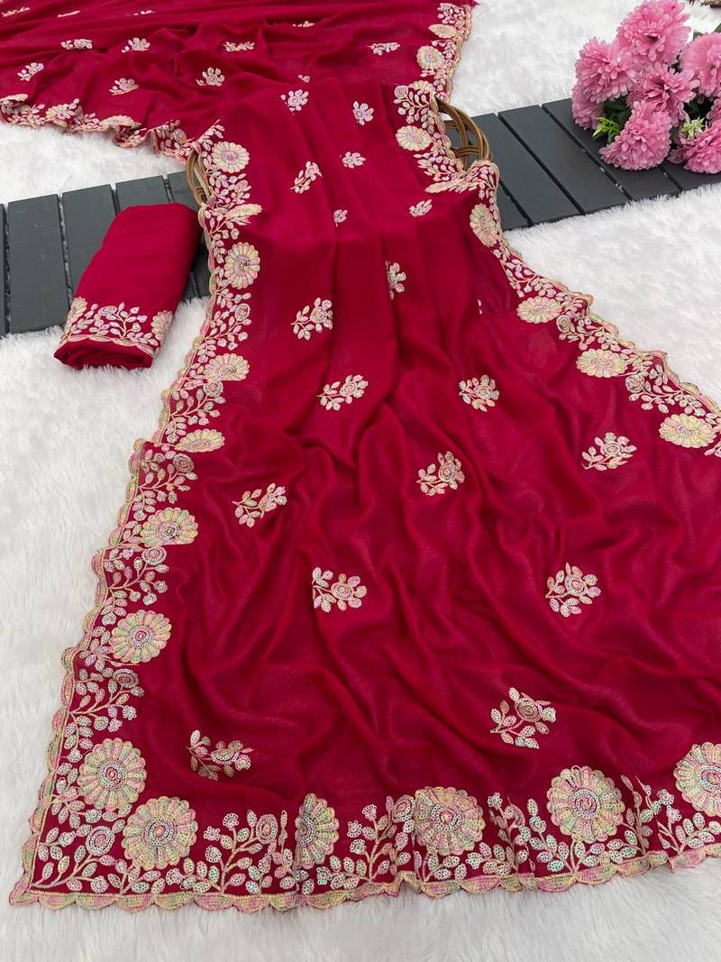 Rani Pink color embroidery work and multi Thread work with arco cut work vichitra Saree