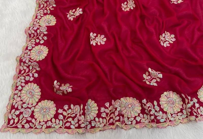 Rani Pink color embroidery work and multi Thread work with arco cut work vichitra Saree