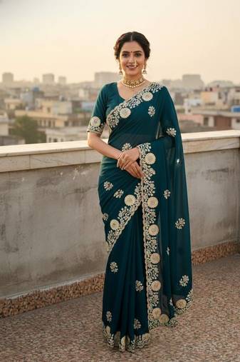 Teal color embroidery work and multi Thread work with arco cut work vichitra Saree