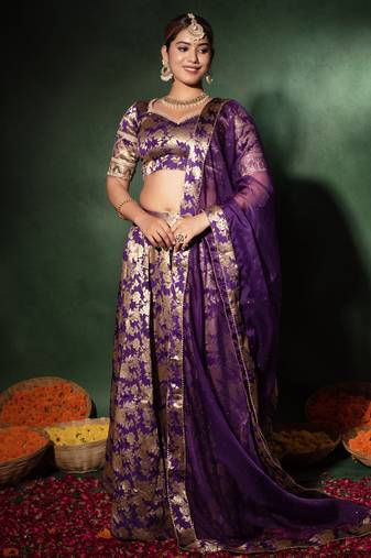 Purple Jacquard Gotapatti Lehenga Set