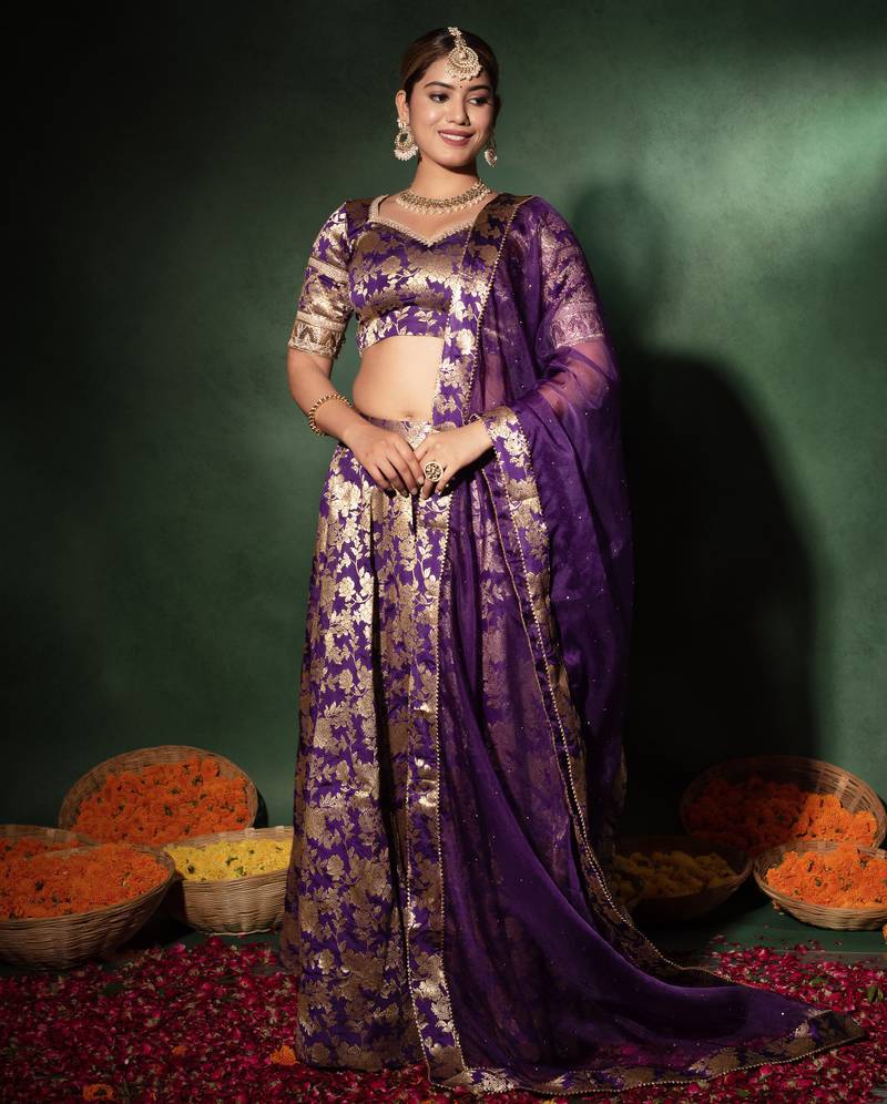 Purple Jacquard Gotapatti Lehenga Set