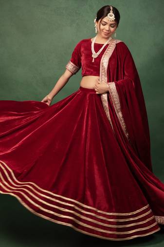 Maroon Velvet Serene Gotapatti Lehenga Set