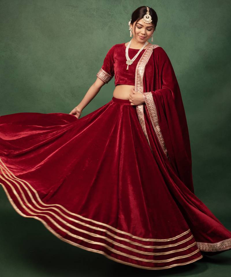 Maroon Velvet Serene Gotapatti Lehenga Set