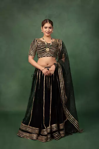 Bottle Green Velvet Gotapatti Lehenga Set