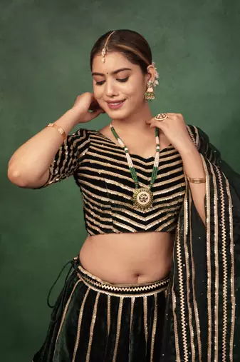 Bottle Green Velvet Gotapatti Lehenga Set