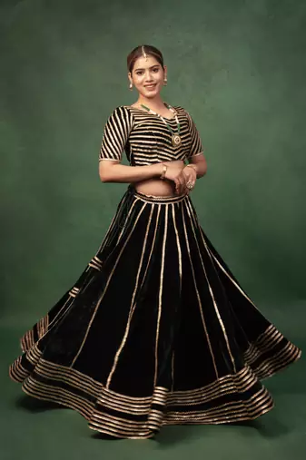Bottle Green Velvet Gotapatti Lehenga Set