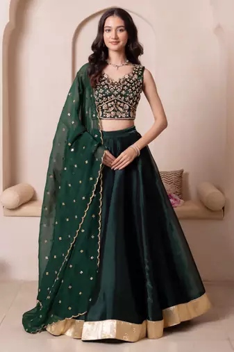 Bottle Green Burberry Organza Handwork Lehenga Set