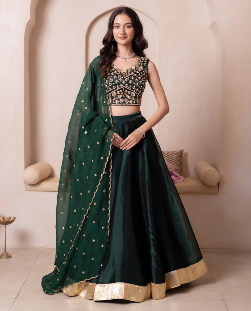 Bottle Green Burberry Organza Handwork Lehenga Set