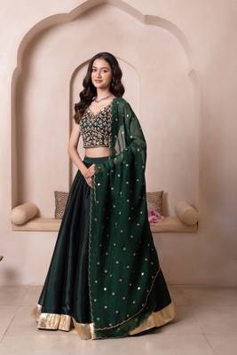 Bottle Green Burberry Organza Handwork Lehenga Set 2