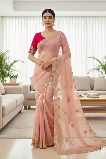 Babby Pink color sequnce with Multi Thread work with cut work border  chiffon Saree