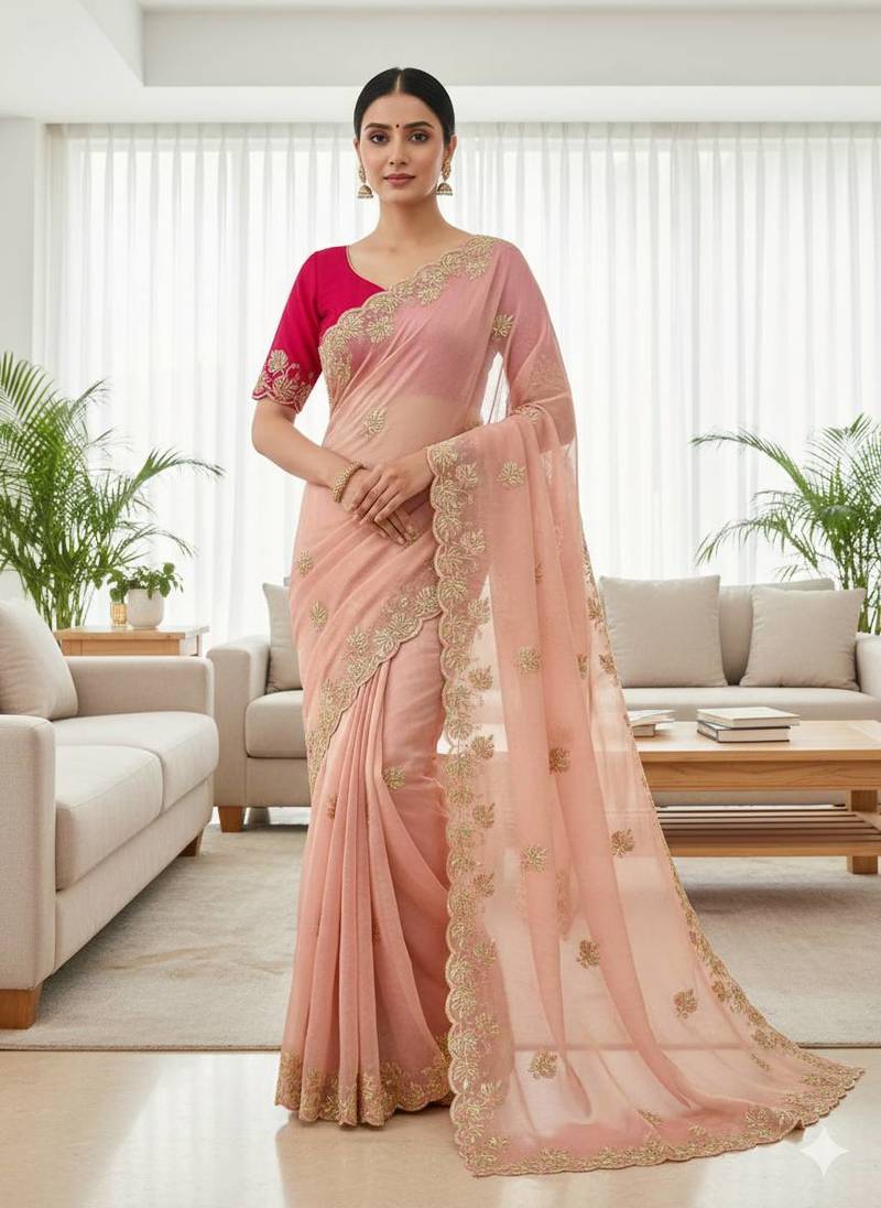 Babby Pink color sequnce with Multi Thread work with cut work border  chiffon Saree