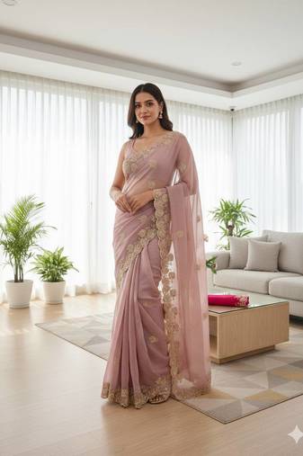 Lavender color sequnce with Multi Thread work with cut work border  chiffon Saree