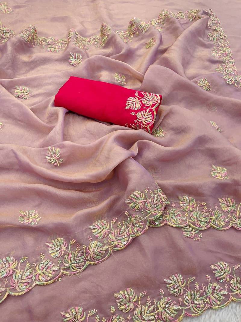 Lavender color sequnce with Multi Thread work with cut work border  chiffon Saree