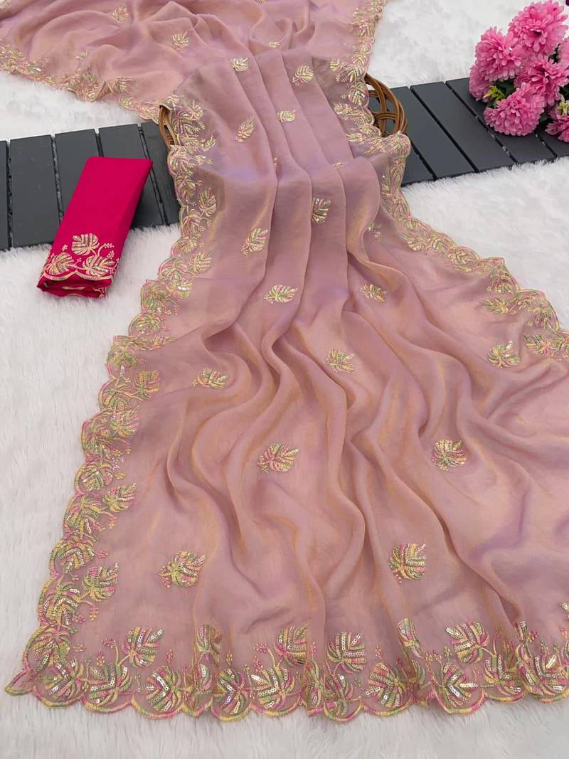 Lavender color sequnce with Multi Thread work with cut work border  chiffon Saree