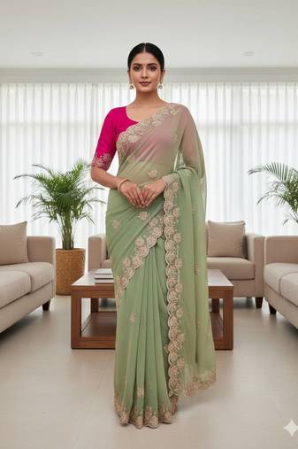 Mint color sequnce with Multi Thread work with cut work border  chiffon Saree